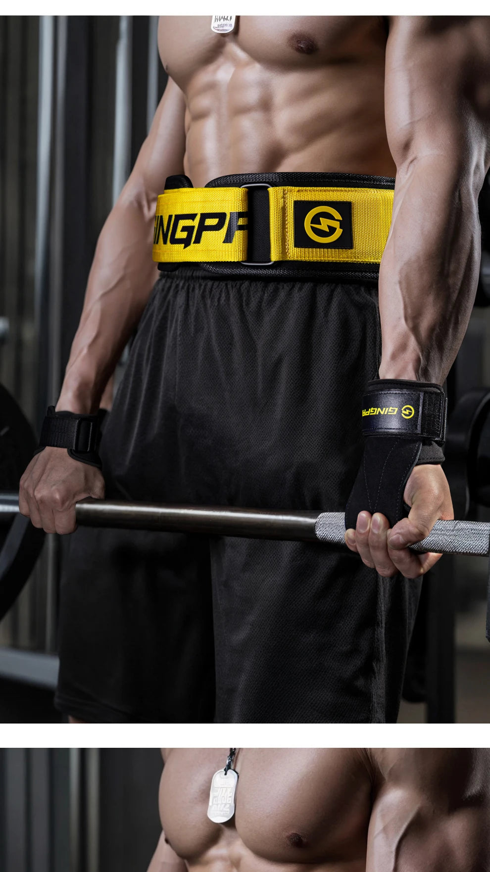 A muscular man wearing a yellow and black fitness lifting belt while exercising.