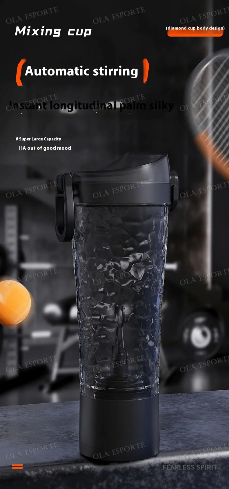 A clear glass mixing cup with a black base and lid, shown in a close-up against a dark background.