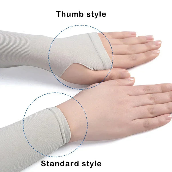 Demonstration of thumb style and standard style UV protection arm sleeves on hands and wrists.