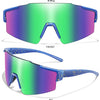 A pair of green cycling sunglasses shown from the front and a side view at 45 degrees.