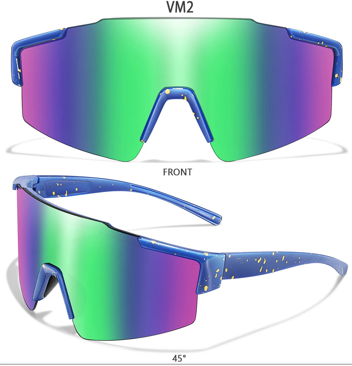 A pair of green cycling sunglasses shown from the front and a side view at 45 degrees.