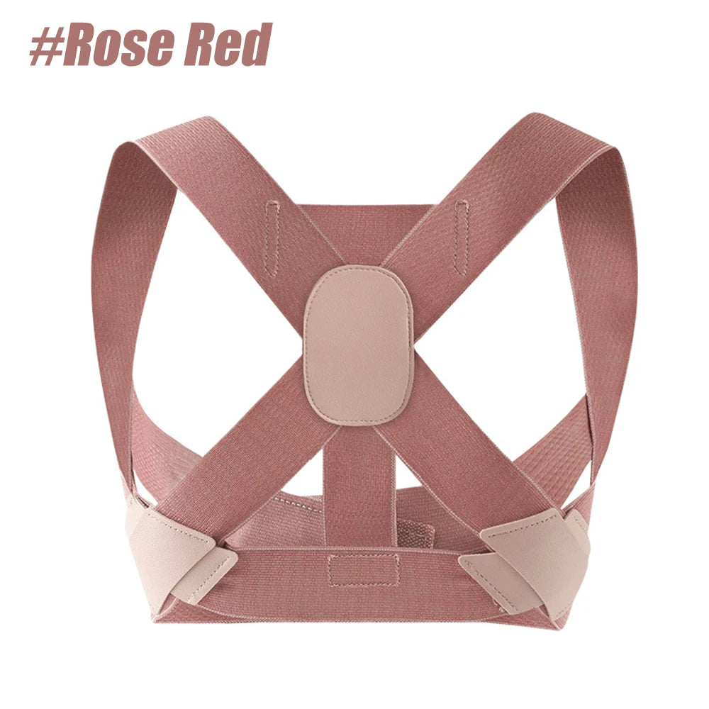 A pink posture corrector back brace designed for spine and shoulder support.