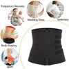 Black body shaping waist trainer fitness belt shown in various contexts including postpartum recovery, wedding dress, and spo