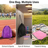 A purple and black nylon drawstring backpack shown in various uses including sports, gym, and travel.