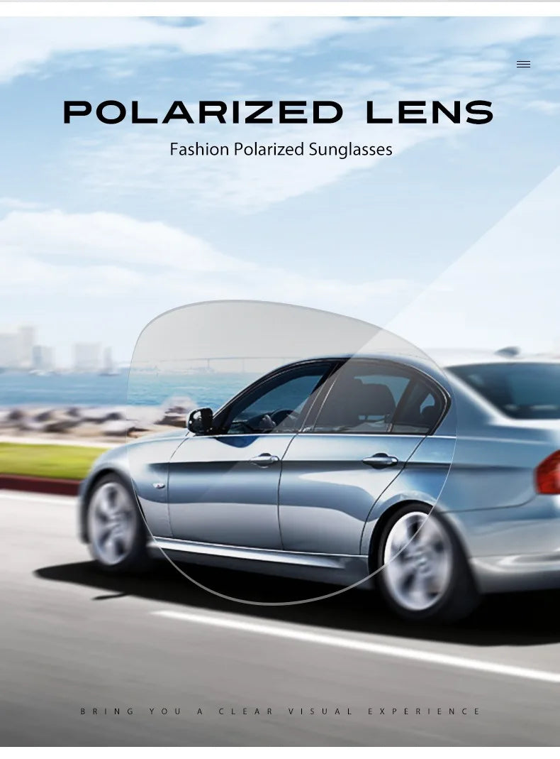 A silver car is shown with a polarized lens effect, demonstrating fashion polarized sunglasses.