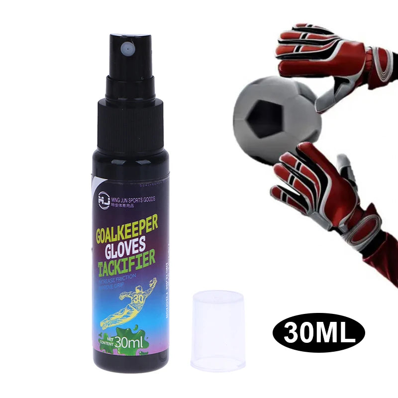 A black spray bottle of Goalkeeper Gloves Tactifier next to a red and black glove, demonstrating its use.