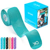 A roll of OKtape kinesiology therapy tape and its retail box shown next to a stretched piece of the blue green tape.