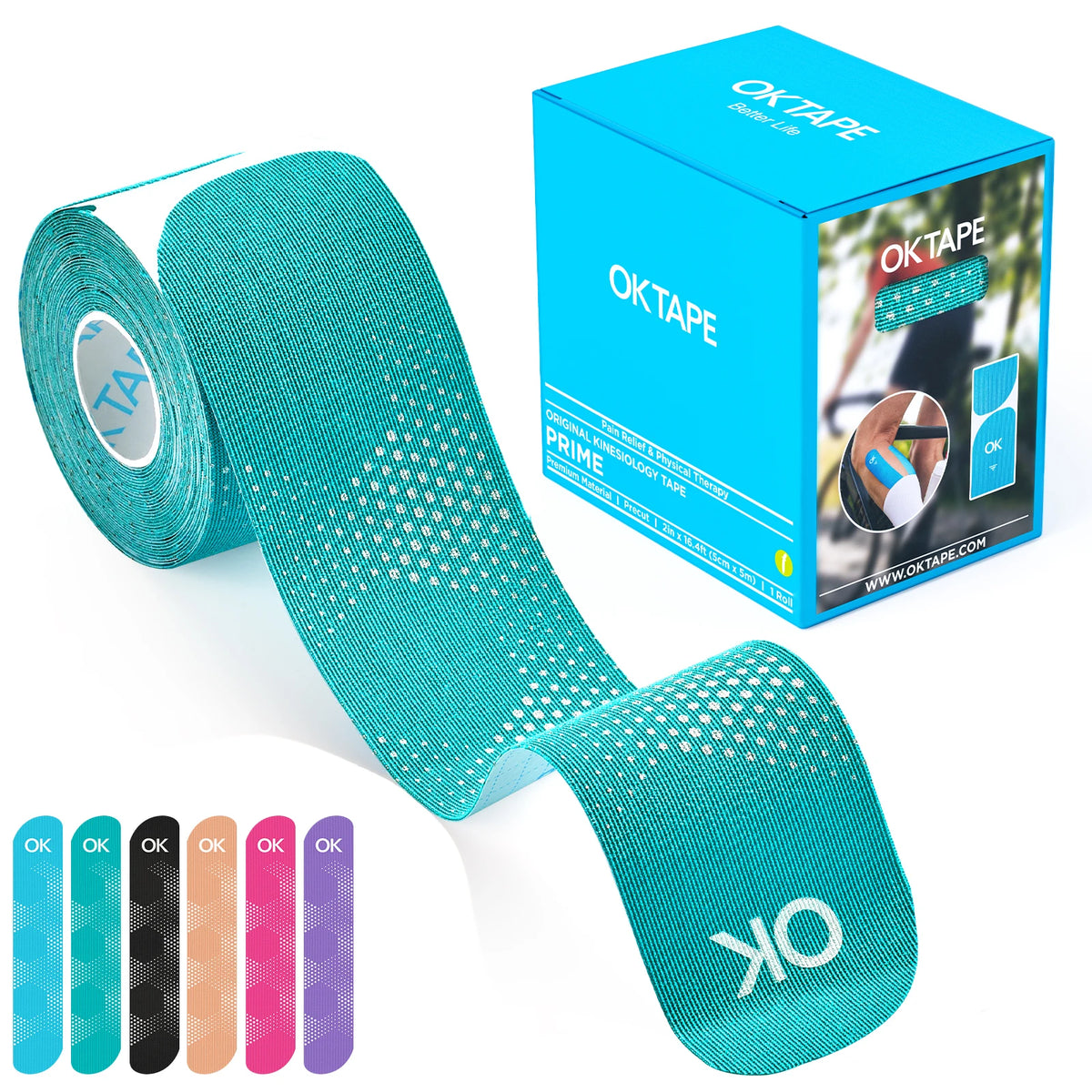 A roll of OKtape kinesiology therapy tape and its retail box shown next to a stretched piece of the blue green tape.