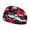 A black and red camouflage patterned elastic sports headband for gym and yoga.