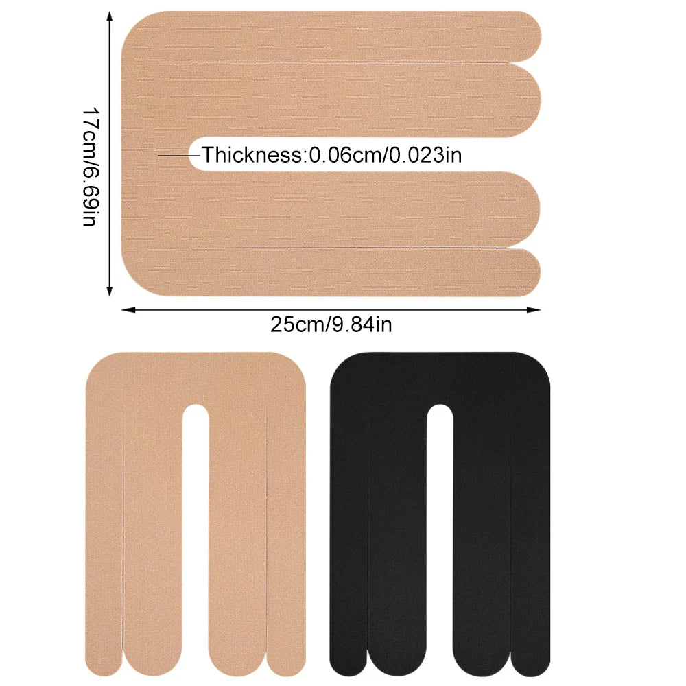 Set beige Präzisions-Kinesiotape-Strips für Rücken und Gelenkunterstützung, flach und gerollt dargestellt.