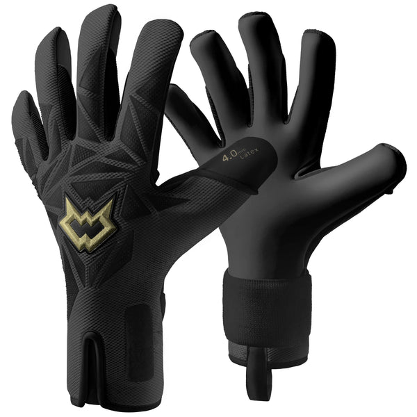 A pair of black high-grip football goalie gloves shown against a white background.