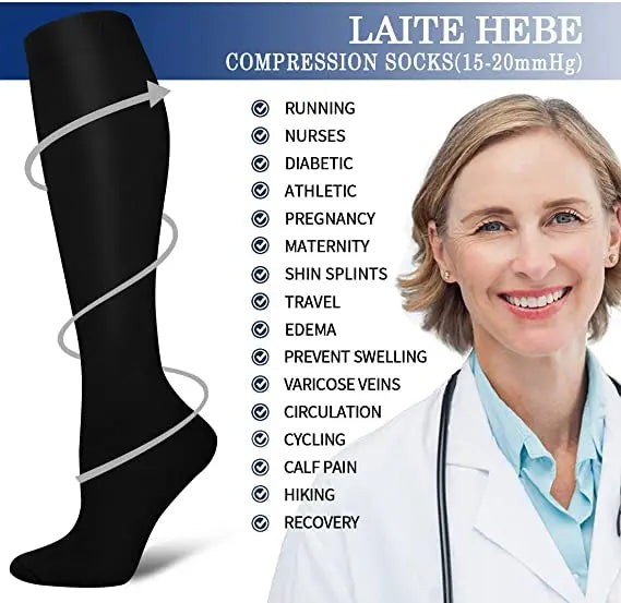 Black compression socks for running, nurses, diabetic patients, pregnancy, and to prevent swelling.