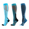 Three pairs of blue and gray compression socks for athletes and medical use shown from the side.
