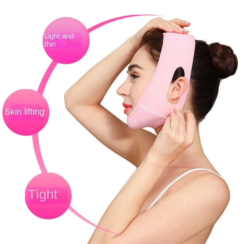 A woman is using a pink face slimming lifting strap on her jawline to achieve skin lifting and tightness.