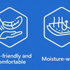 Vier Symbole für ein atmungsaktives elastisches Sport-Headband: cool und hautschonend, hautschonend und bequem, feuchtigkeits
