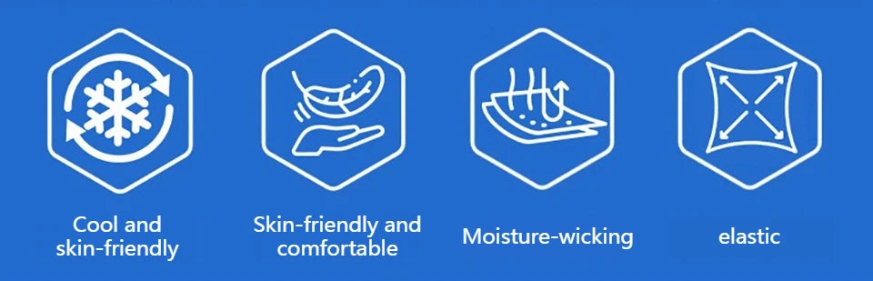 Vier Symbole für ein atmungsaktives elastisches Sport-Headband: cool und hautschonend, hautschonend und bequem, feuchtigkeits