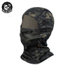 A black camouflage mesh balaclava face mask worn on a head.