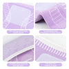 Close-up view of a purple knee compression sleeve showing reinforced suede paste, knitted fabric, and anti-slip sewing thread