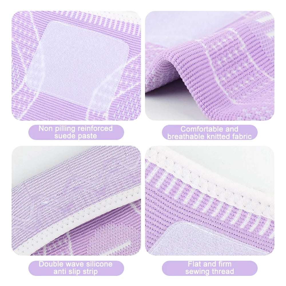 Close-up view of a purple knee compression sleeve showing reinforced suede paste, knitted fabric, and anti-slip sewing thread