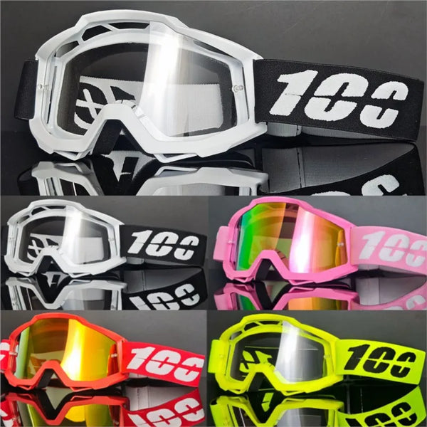 Colección de gafas y goggles de motocross en blanco, rosa y amarillo con lentes reflectantes.