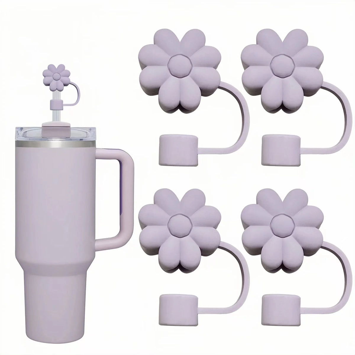 A purple silicone straw cover for a tumbler and several flower-shaped silicone covers.