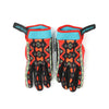 Pair of black and orange durable motorcycle and MTB gloves with teal accents