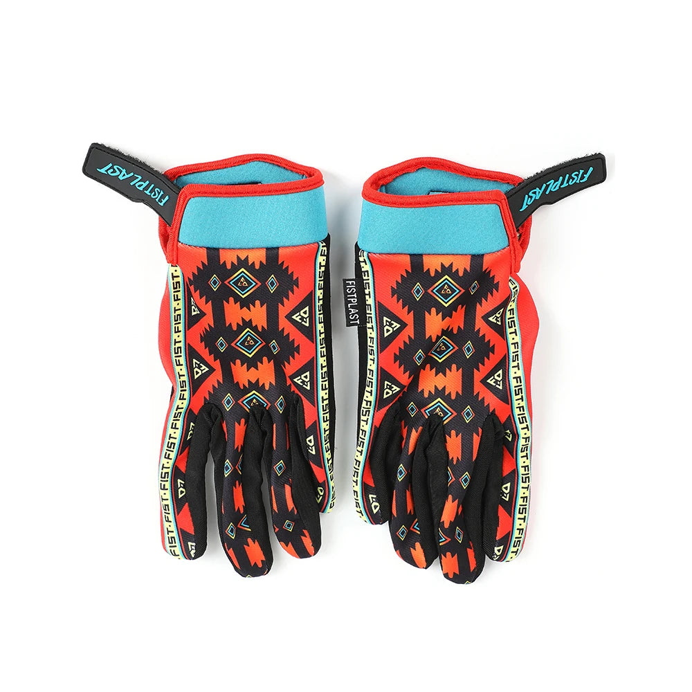 Pair of black and orange durable motorcycle and MTB gloves with teal accents
