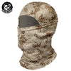 A camouflage patterned breathable mesh balaclava face mask for sun and dust protection.