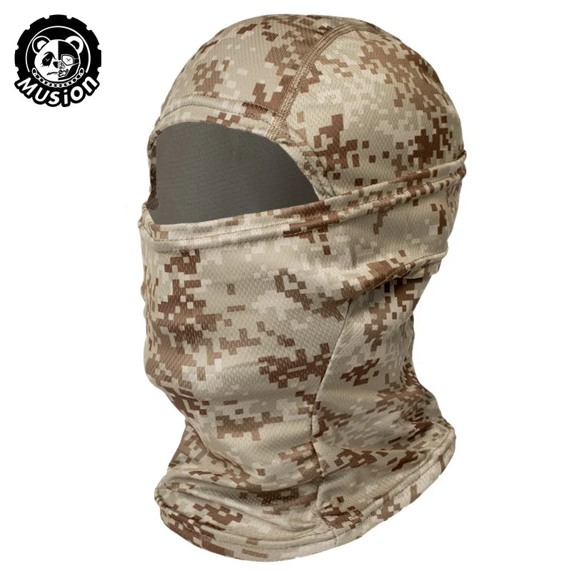 A camouflage patterned breathable mesh balaclava face mask for sun and dust protection.