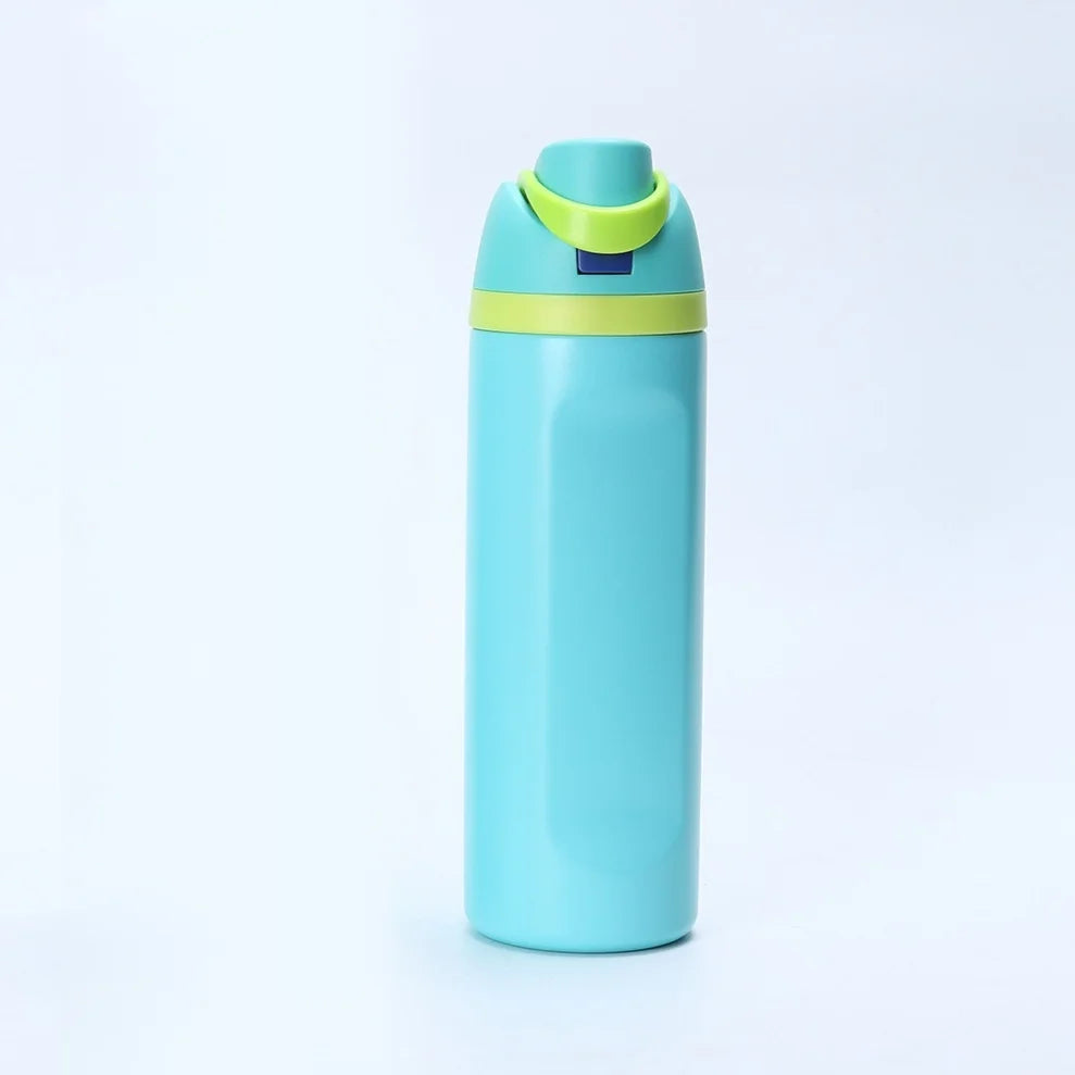 A light blue insulated stainless steel thermos mug with a green lid and straw attachment.