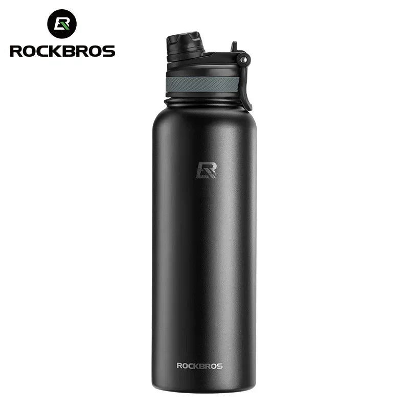 Black insulated stainless steel thermal water bottle with a black cap and silver accent.