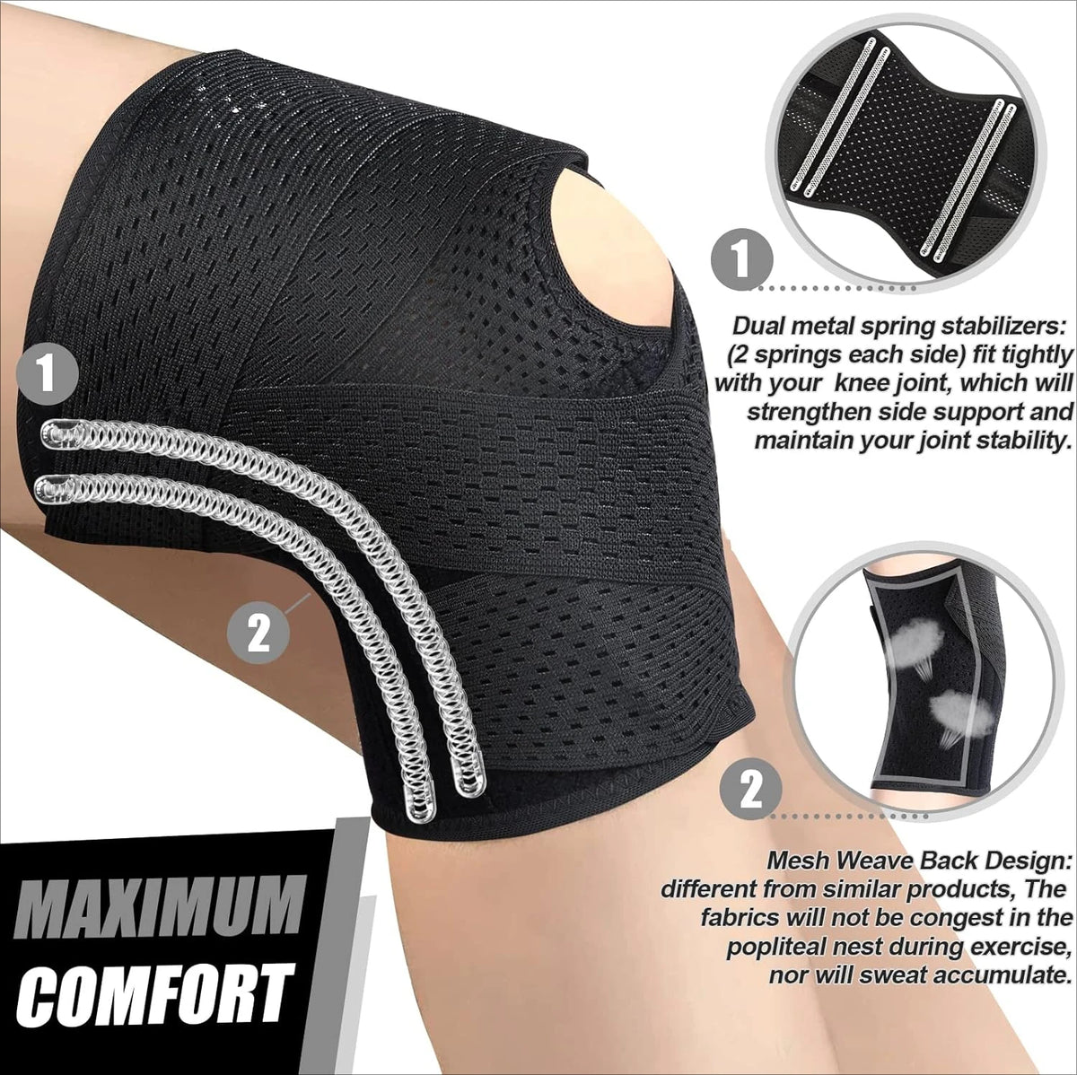 Black mesh knee brace with dual metal spring stabilizers for joint support and stability.