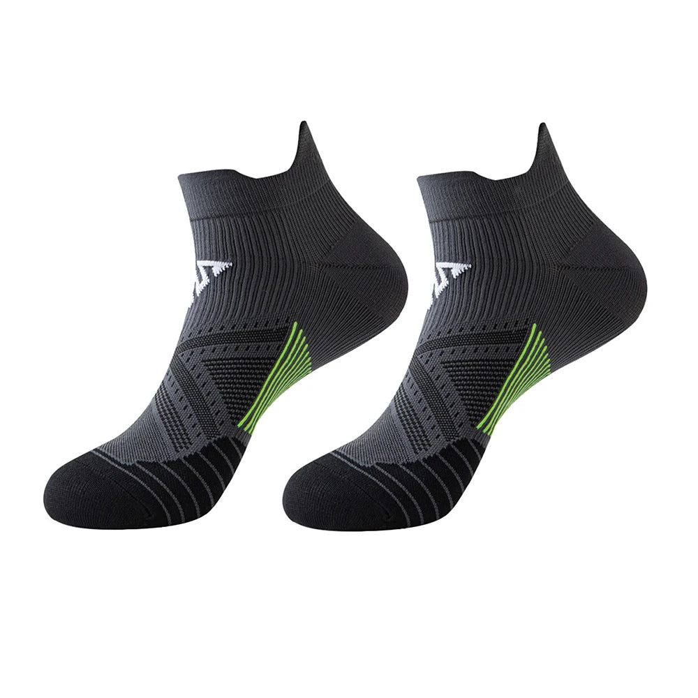 A pair of black breathable anti-blister running socks shown from the side.