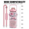 Pink insulated water bottle cover with adjustable strap and various size options shown side by side.