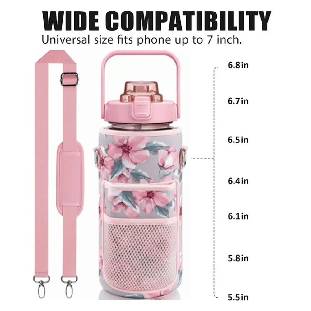 Pink insulated water bottle cover with adjustable strap and various size options shown side by side.
