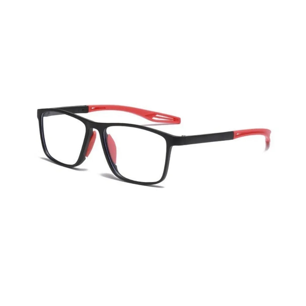 A pair of black TR90 sports reading glasses with red accents and blue light protection.