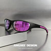 A pair of purple-tinted polarized sports sunglasses with black frames resting on a gray surface.