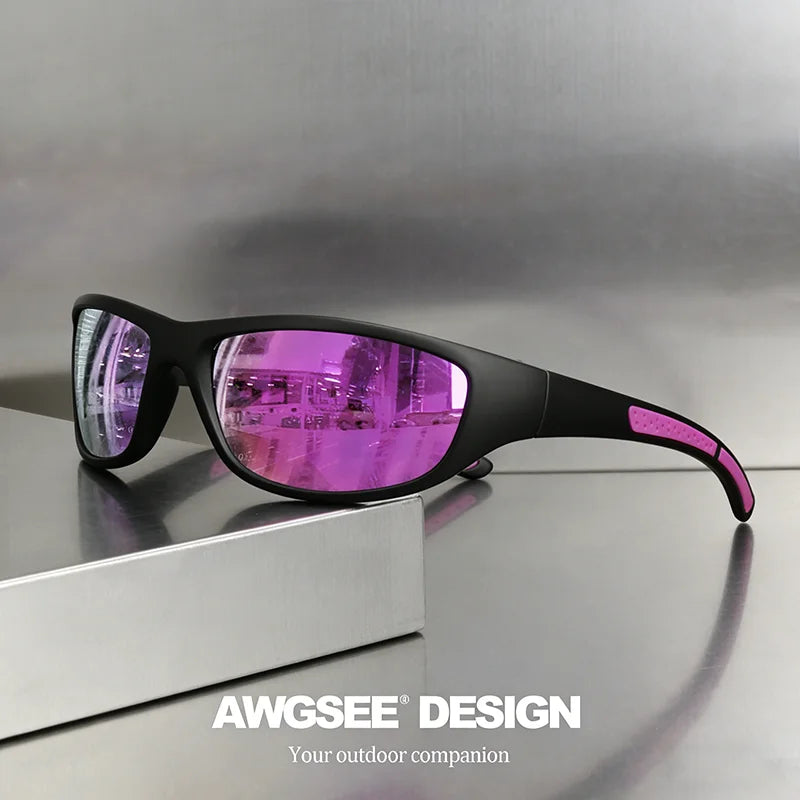A pair of purple-tinted polarized sports sunglasses with black frames resting on a gray surface.