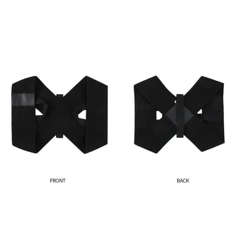 Front and back views of a black elastic yoga and fitness support belt.