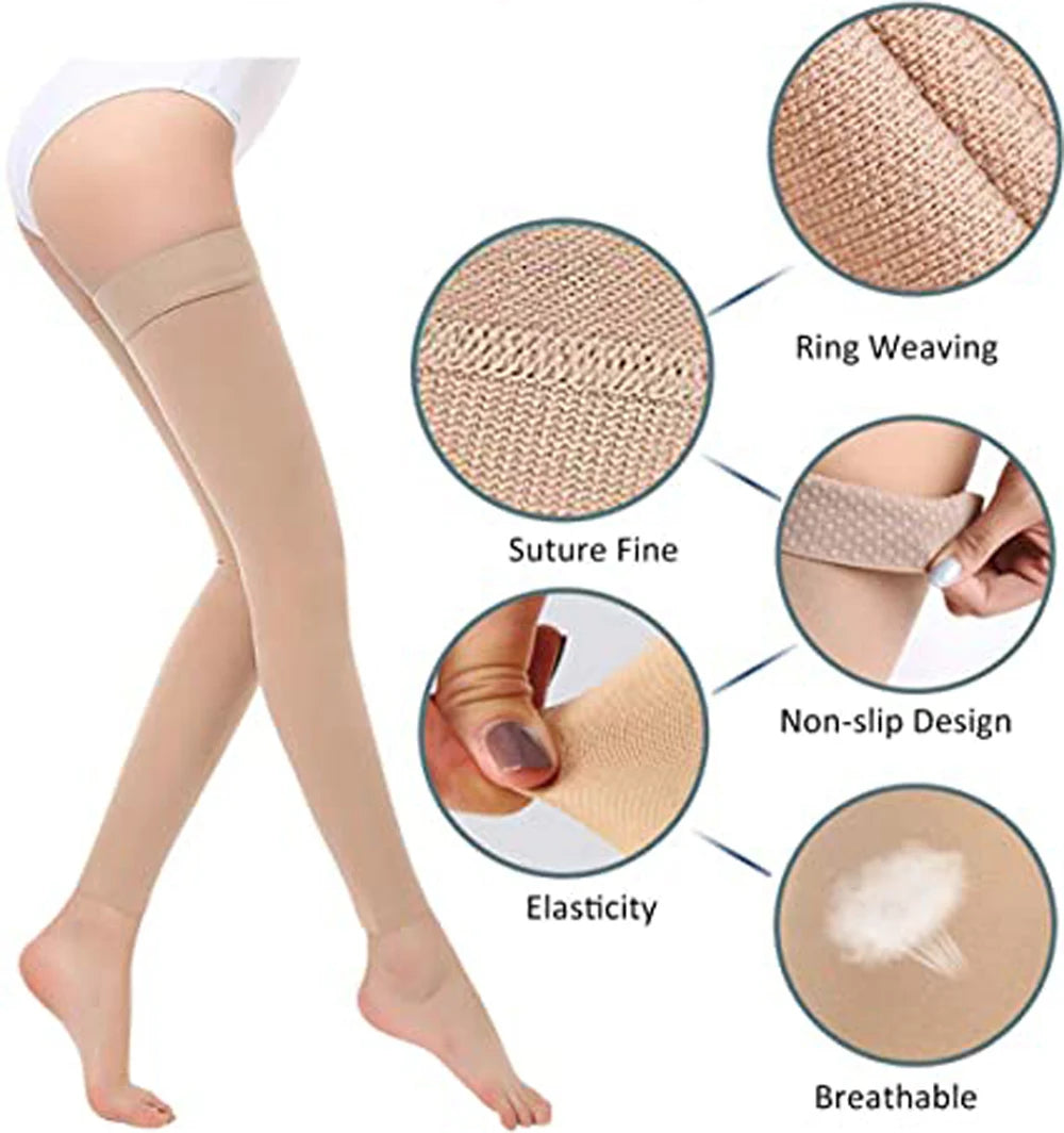 Primer plano de mangas de compresión terapéuticas beige mostrando tejido de anillo, sutura fina, elasticidad y transpirabilid