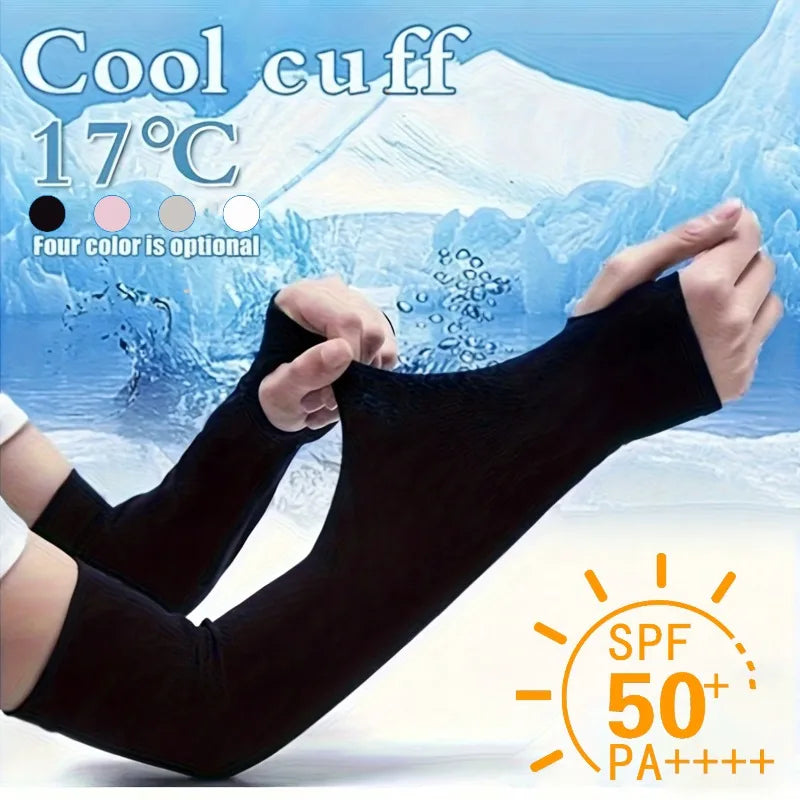 Black cool cuff UV protection arm sleeves shown being worn on a leg against a snowy background.