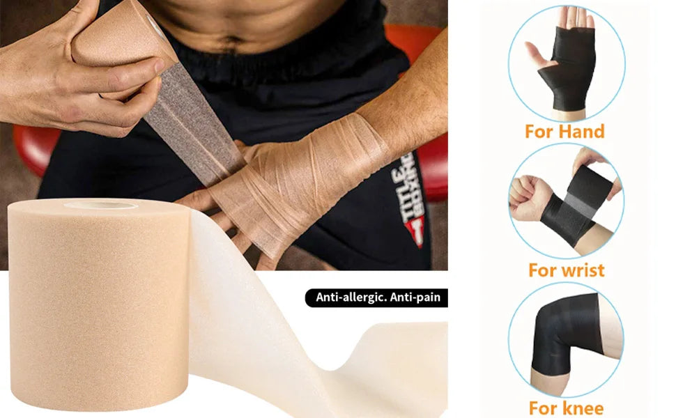 Protective foam athletic tape wrap shown being applied to a hand, wrist, and knee.