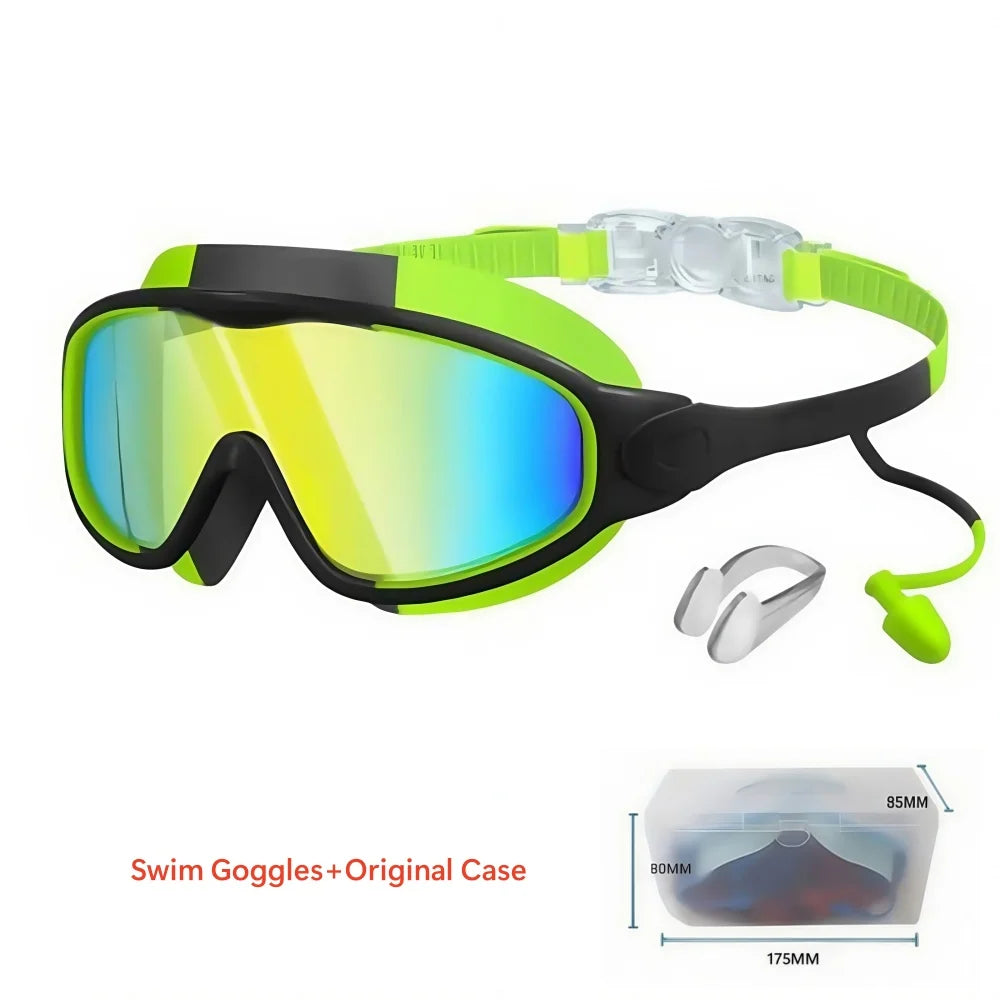 A pair of neon yellow swim goggles with a black frame and green strap, along with nose clips and earplugs.