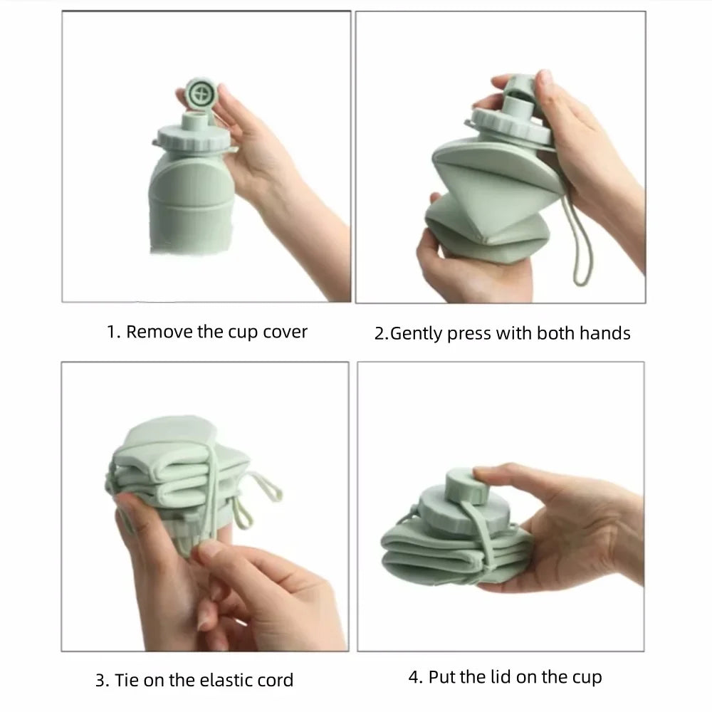 Step-by-step instructions showing how to remove the cup cover, press the lid, tie the elastic cord, and put the lid on the si