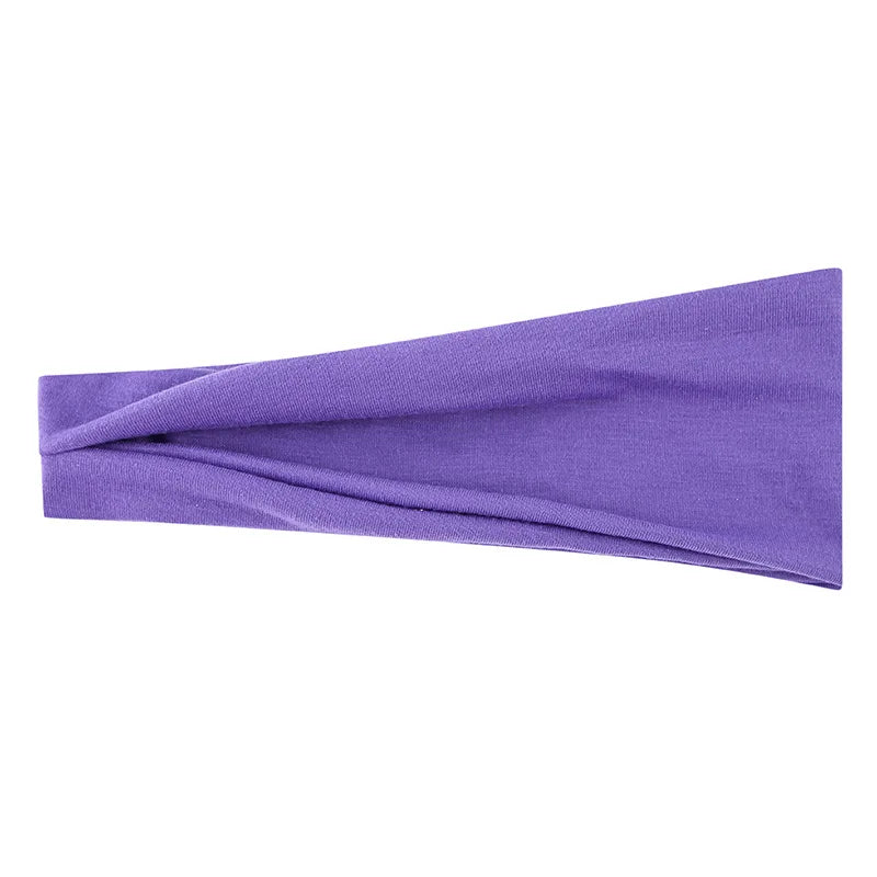 Tête de foulard élastique violet pliée et présentée sur fond blanc.
