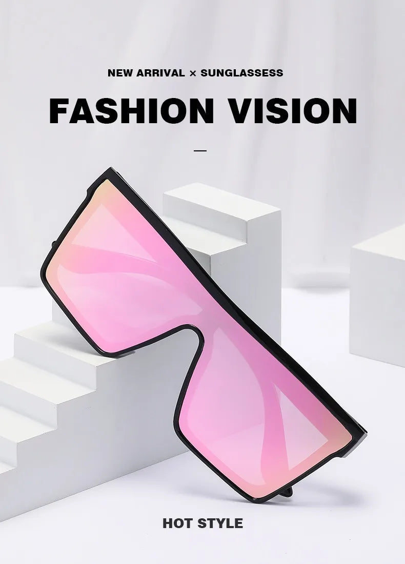 Pink gradient retro square sunglasses displayed on white steps with a clean, modern aesthetic.