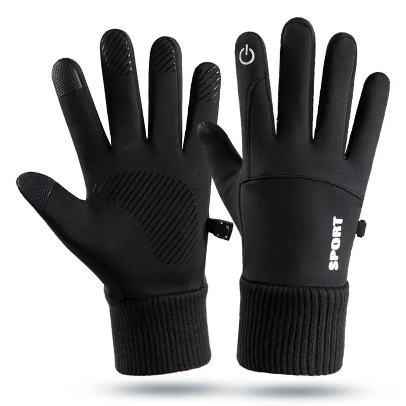 A pair of black thermal fleece touchscreen gloves for winter outdoor sports