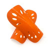 Orange adjustable EVA soccer shin guard with multiple perforations