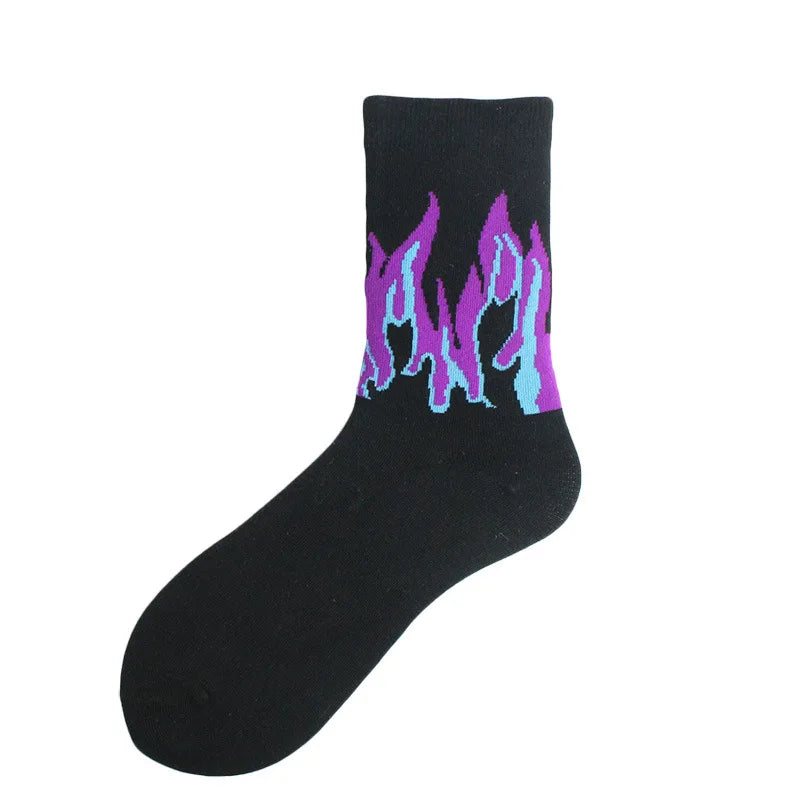 Black novelty socks with a purple flame pattern on the leg.