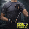 A person wearing black wristband fitness gloves on their wrist, demonstrating the grip and fit.